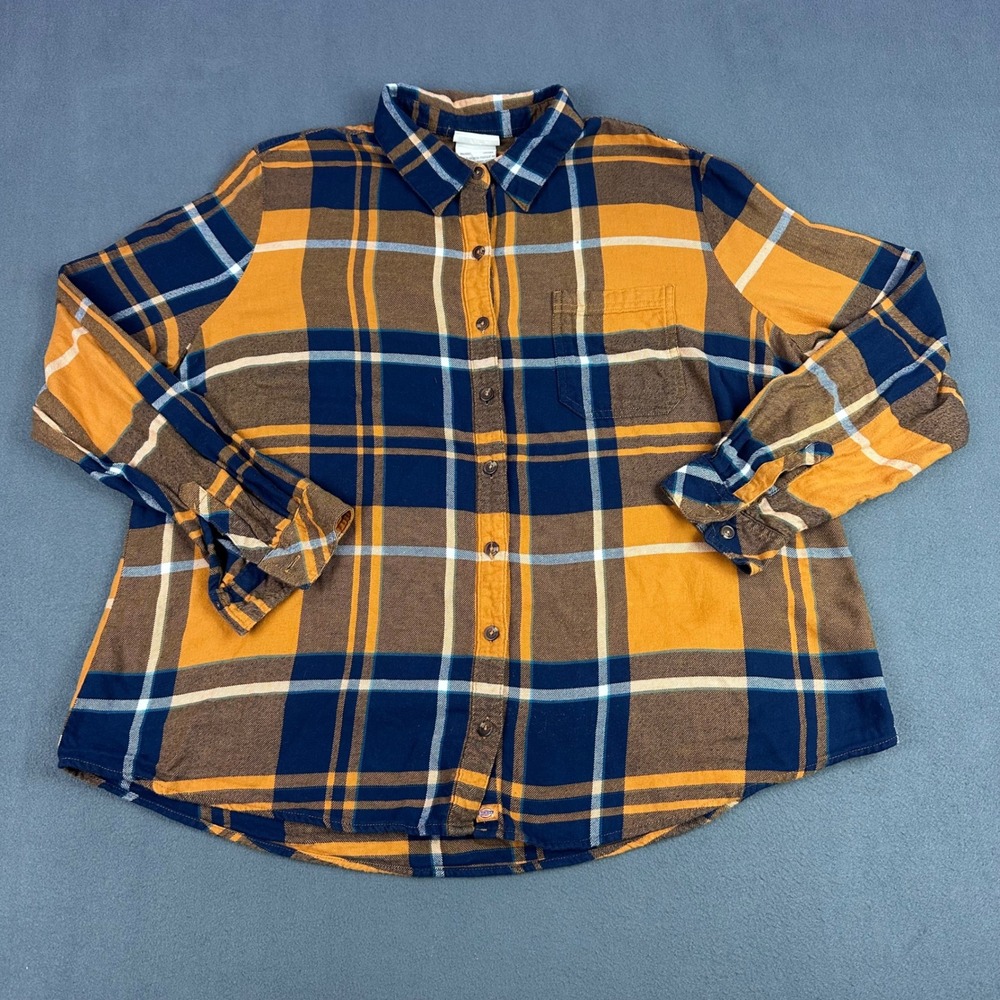 Dickies Women Mustard Yellow Navy Blue Plaid Flannel Button Down Shirt 1X